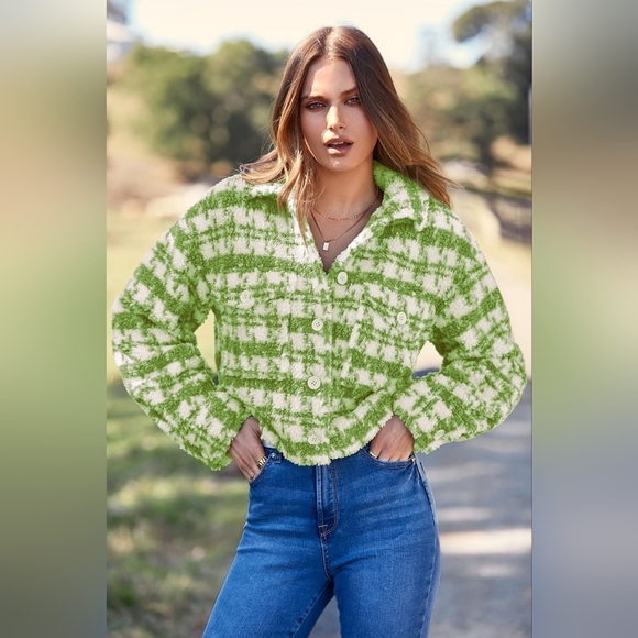 Crop Style Blue and White Women's Tweed Jacket - Picture 8 of 11